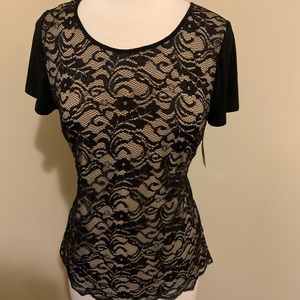 New nude with black lace top